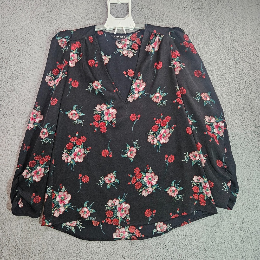 Express Tunic Top Blouse Women Medium‎ Floral Print Long Sleeve Black